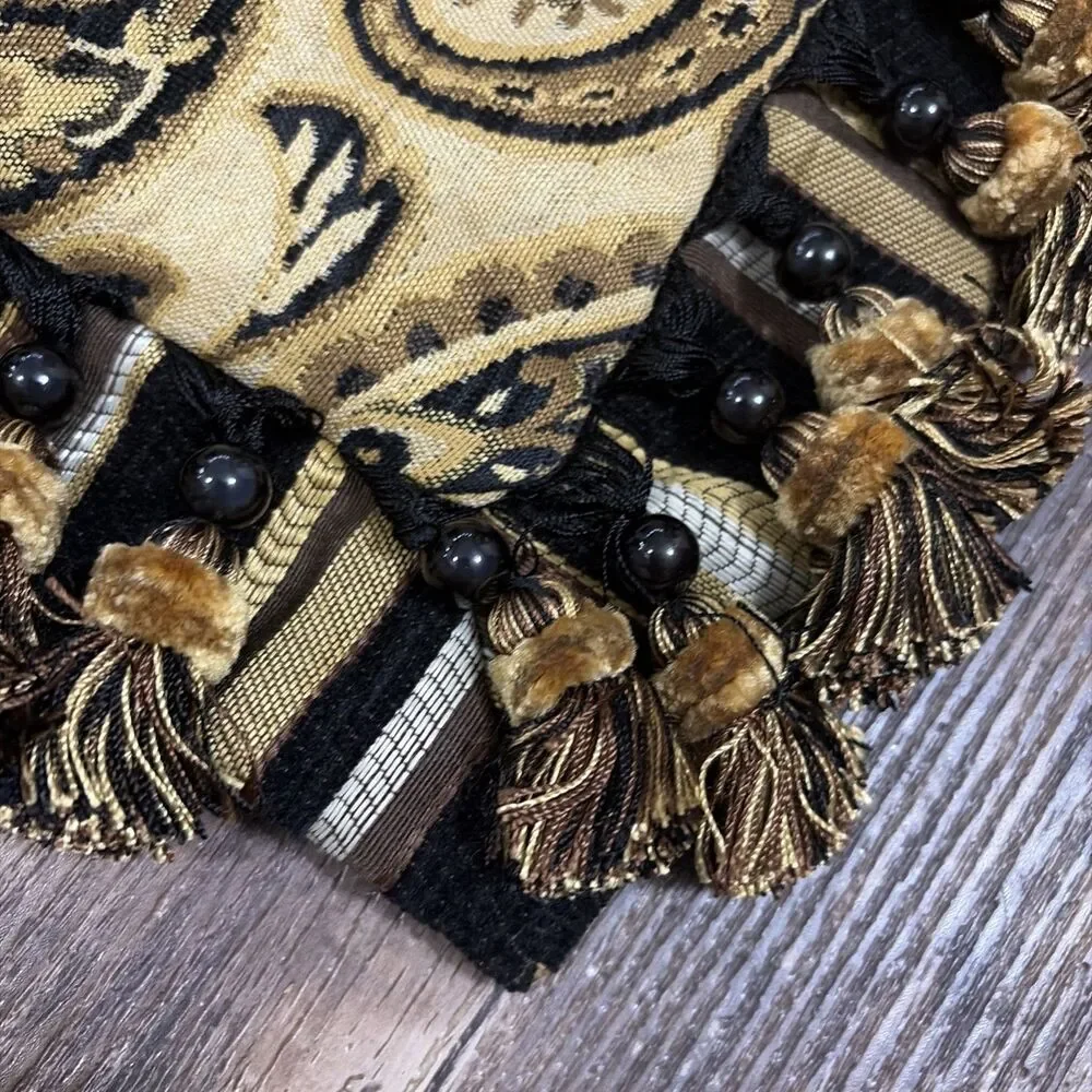 Arabella chenille damask decorative throw pillow Sham with brown & gold fringe